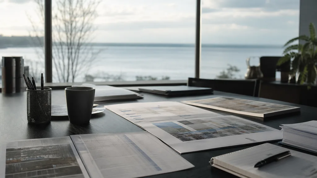 Editorial photograph of a Toronto advertising office with a dark desk, printed media plans and cool lakeside morning light
