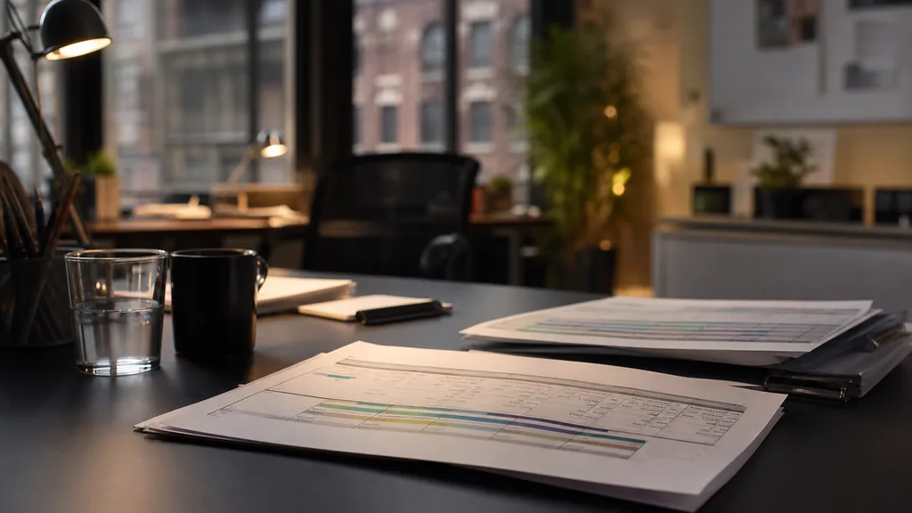 Editorial photograph of a Montreal advertising office with a dark desk, printed bilingual media plans and soft evening light