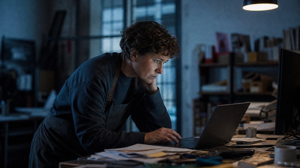 A small-business owner in an apron leaning over a laptop on a cluttered back-office desk late in the day, photographed in Frisco