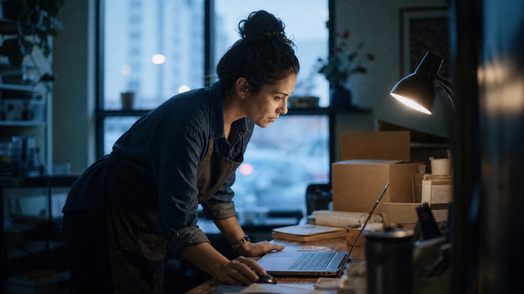 A small-business owner in an apron leaning over a laptop on a cluttered back-office desk late in the day, photographed in Frisco