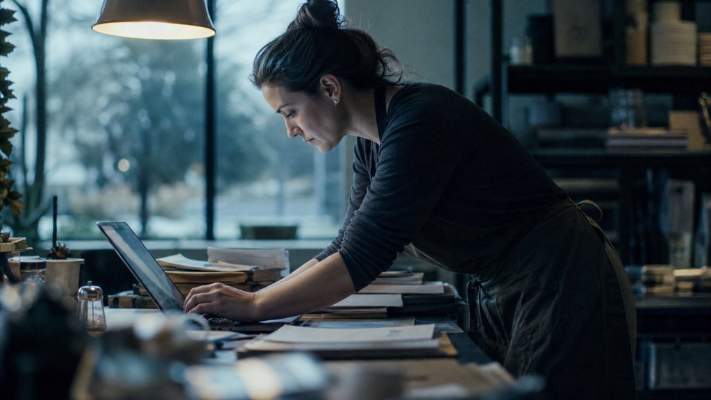 A small-business owner in an apron leaning over a laptop on a cluttered back-office desk late in the day, photographed in Frisco