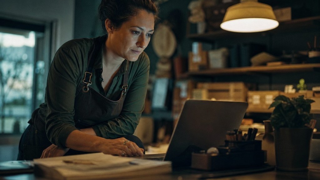 A small-business owner in an apron leaning over a laptop on a cluttered back-office desk late in the day, photographed in Frisco