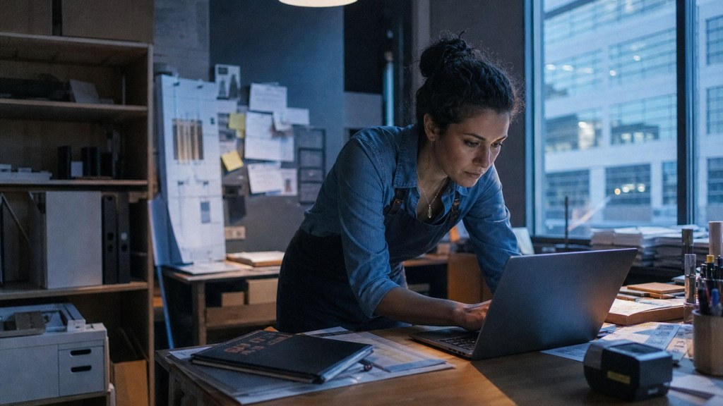 A small-business owner in an apron leaning over a laptop on a cluttered back-office desk late in the day, photographed in Frisco