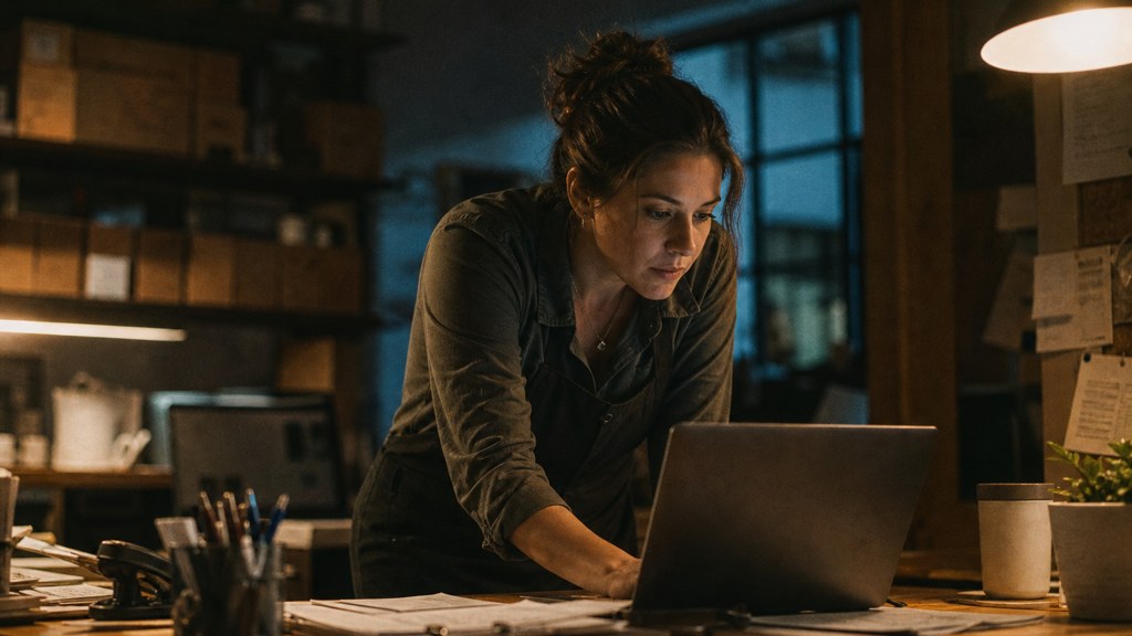 A small-business owner in an apron leaning over a laptop on a cluttered back-office desk late in the day, photographed in Frisco