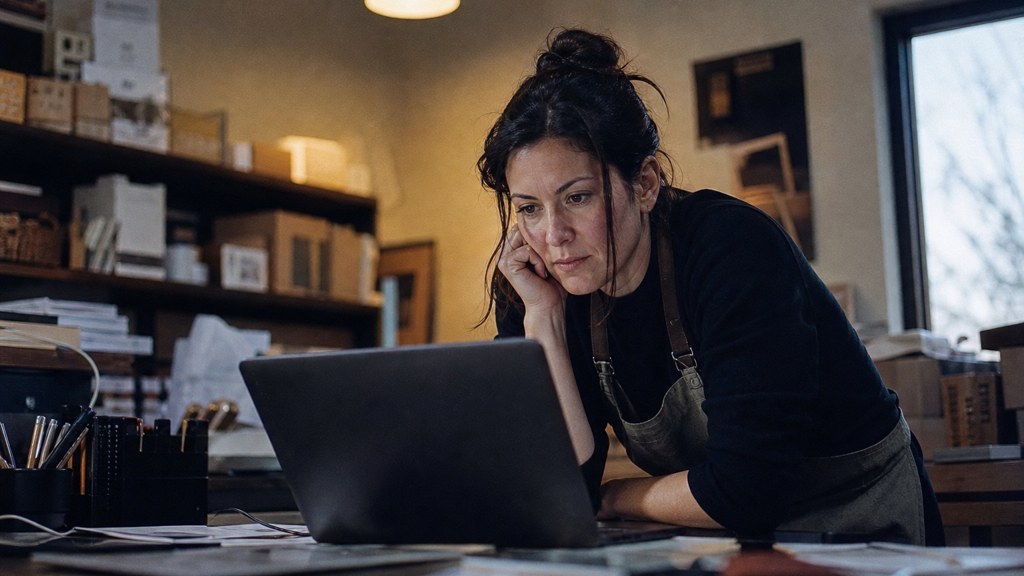 A small-business owner in an apron leaning over a laptop on a cluttered back-office desk late in the day, photographed in Frisco