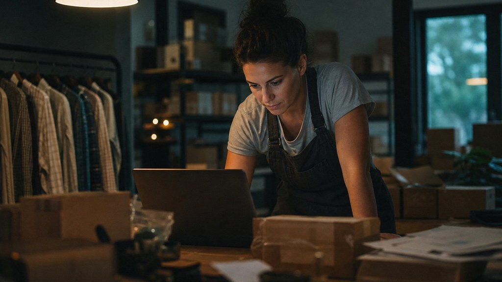 A small-business owner in an apron leaning over a laptop on a cluttered back-office desk late in the day, photographed in Frisco