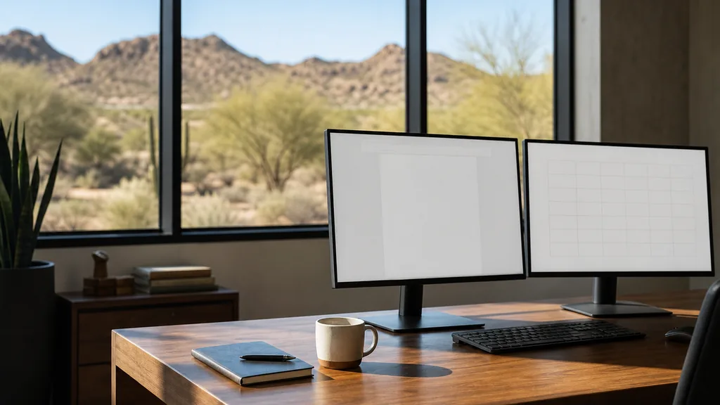 Editorial photograph of an empty marketing agency workspace in a Chandler, Arizona office with tall windows onto low Sonoran desert ridges, palo verde trees and clear dry light
