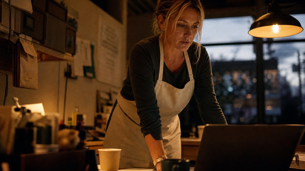 A small-business owner in an apron leaning over a laptop on a cluttered back-office desk late in the day, photographed in Frisco