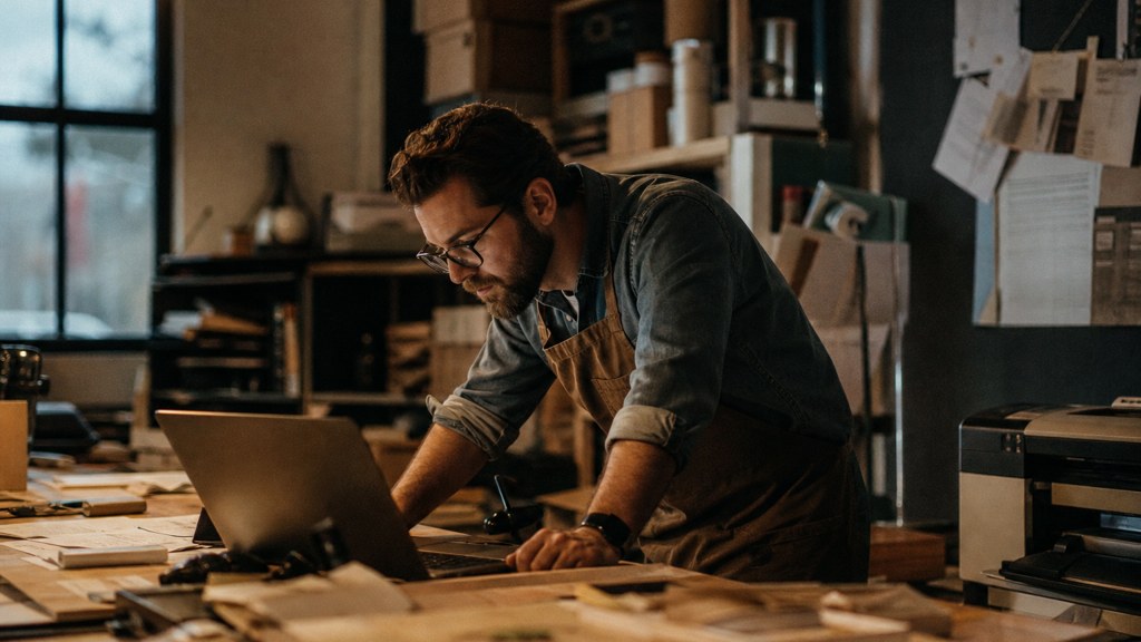 A small-business owner in an apron leaning over a laptop on a cluttered back-office desk late in the day, photographed in Frisco