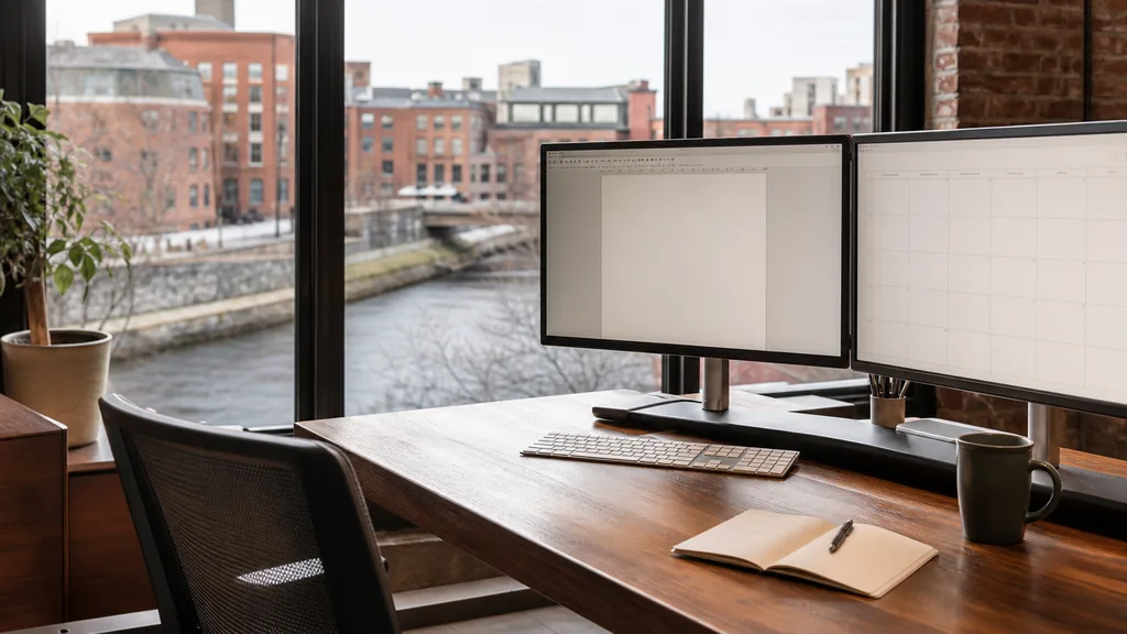 Editorial photograph of an empty marketing agency workspace in a Providence, Rhode Island brick mill office with tall windows onto a narrow river, low nineteenth-century rooftops and soft grey New England light