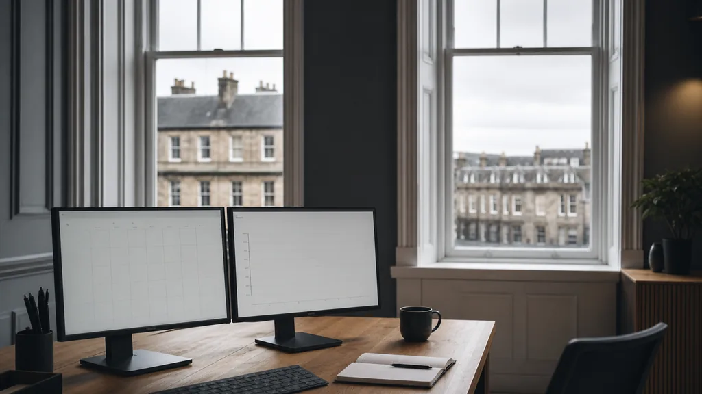 Editorial photograph of an empty marketing agency workspace in an Edinburgh New Town townhouse office with tall Georgian windows onto grey stone terraces, slate roofs and soft northern light