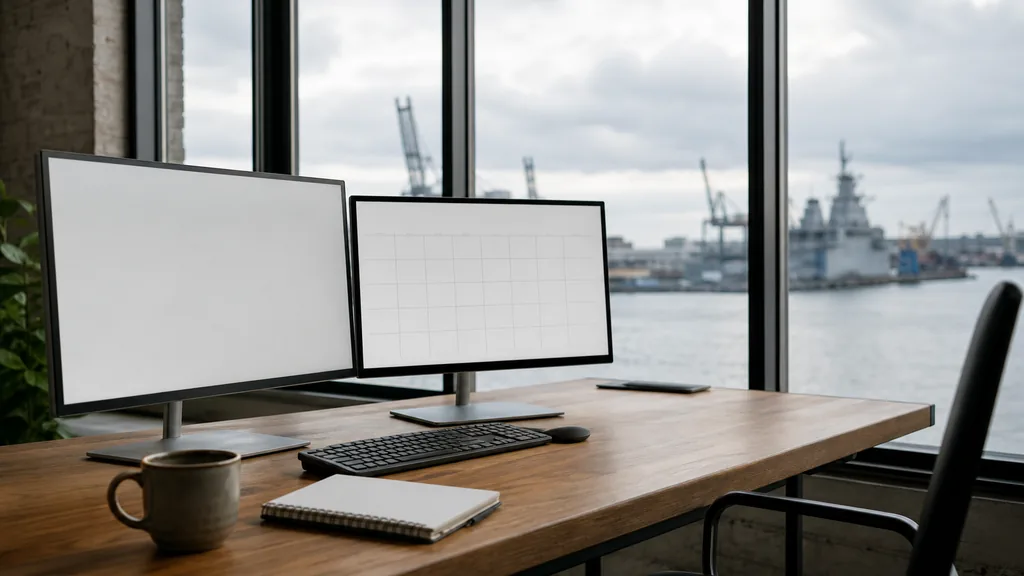 Editorial photograph of an empty marketing agency workspace in a Norfolk, Virginia brick warehouse office with tall windows onto the Elizabeth River, container cranes and naval grey shipyard light in the distance