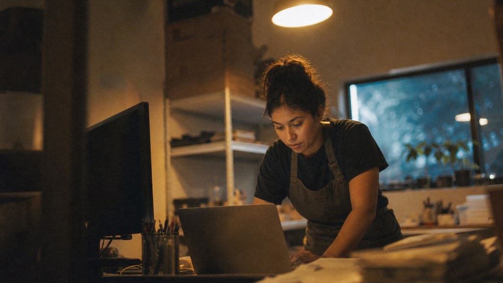 A small-business owner in an apron leaning over a laptop on a cluttered back-office desk late in the day, photographed in Garland