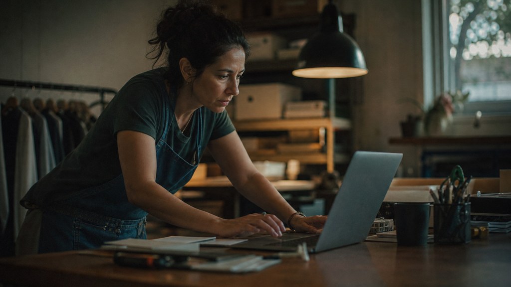 A small-business owner in an apron leaning over a laptop on a cluttered back-office desk late in the day, photographed in Garland