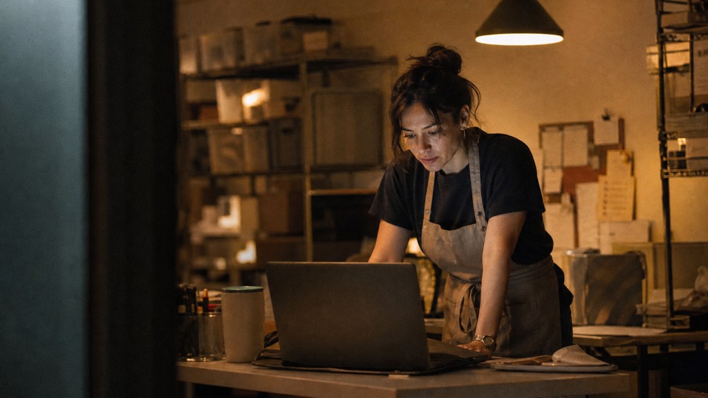 A small-business owner in an apron leaning over a laptop on a cluttered back-office desk late in the day, photographed in Garland