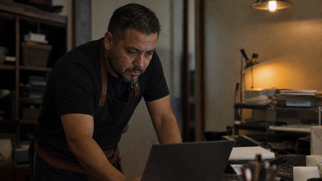 A small-business owner in an apron leaning over a laptop on a cluttered back-office desk late in the day, photographed in Garland