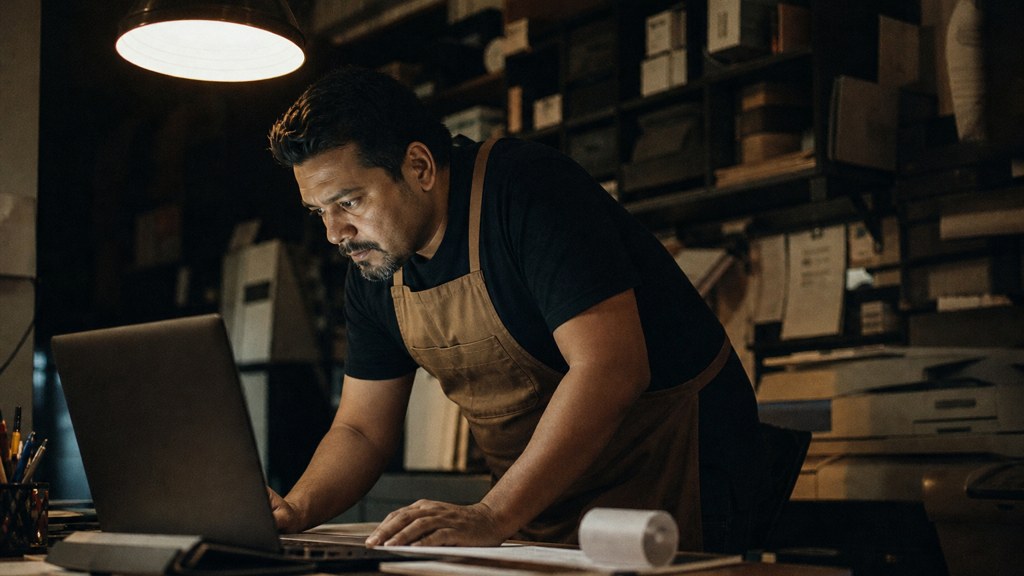 A small-business owner in an apron leaning over a laptop on a cluttered back-office desk late in the day, photographed in Garland