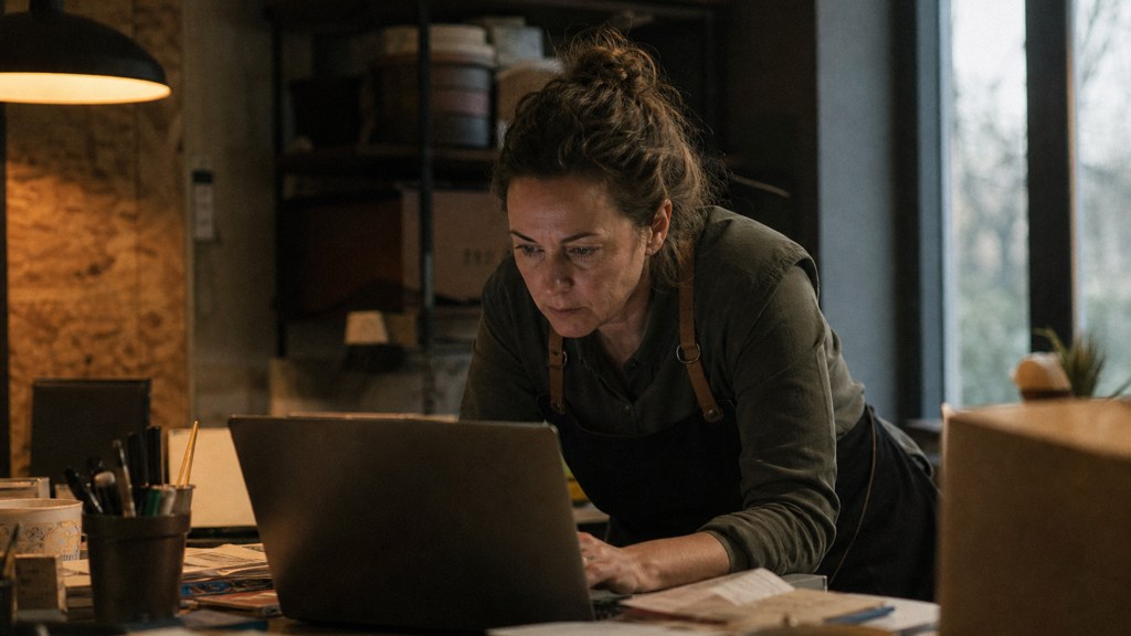 A small-business owner in an apron leaning over a laptop on a cluttered back-office desk late in the day, photographed in Garland