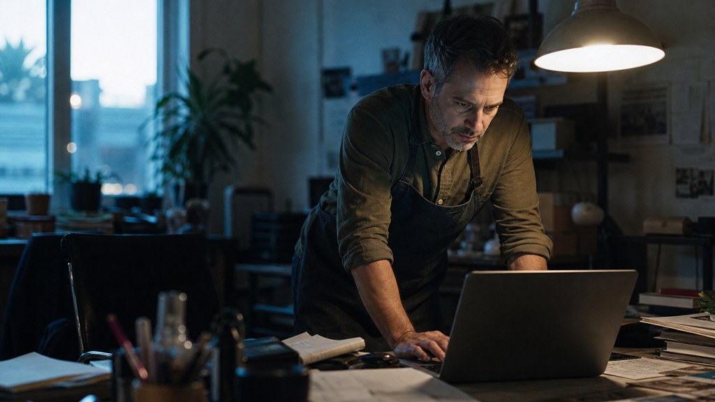 A small-business owner in an apron leaning over a laptop on a cluttered back-office desk late in the day, photographed in Garland