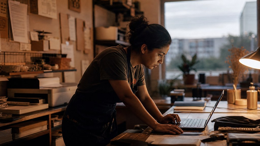 A small-business owner in an apron leaning over a laptop on a cluttered back-office desk late in the day, photographed in Garland