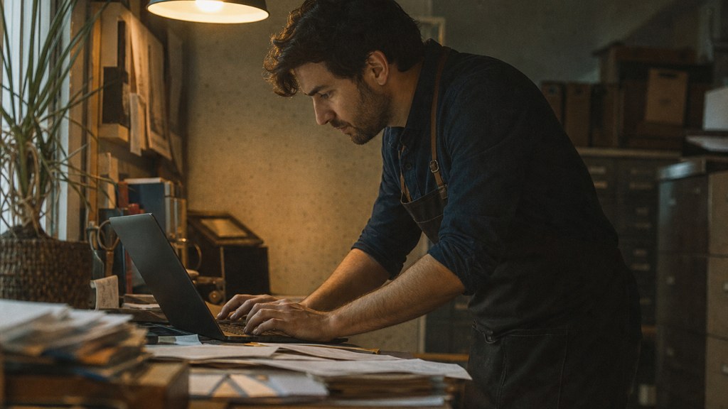 A small-business owner in an apron leaning over a laptop on a cluttered back-office desk late in the day, photographed in Garland