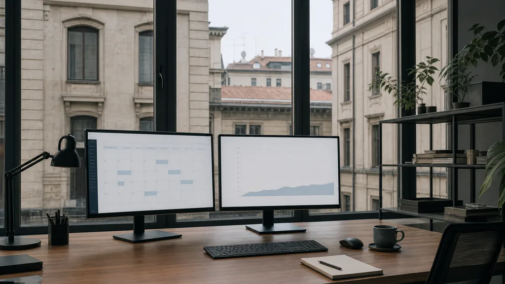 Editorial photograph of an empty marketing agency workspace in a Milan office with tall windows onto dense stone facades, courtyard rooftops and soft northern light