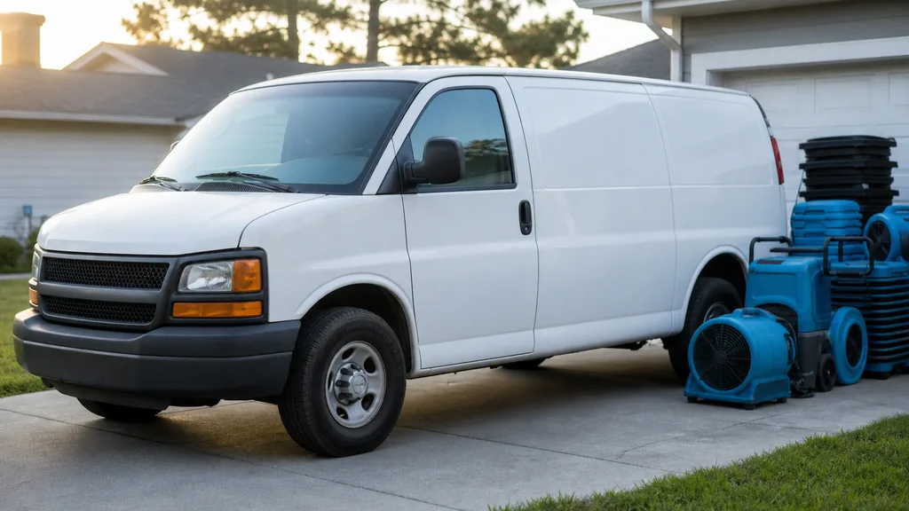 Editorial photograph of a plain white unbranded service van parked on a suburban driveway beside stacked blue drying equipment in early morning light, with no people, text or signage