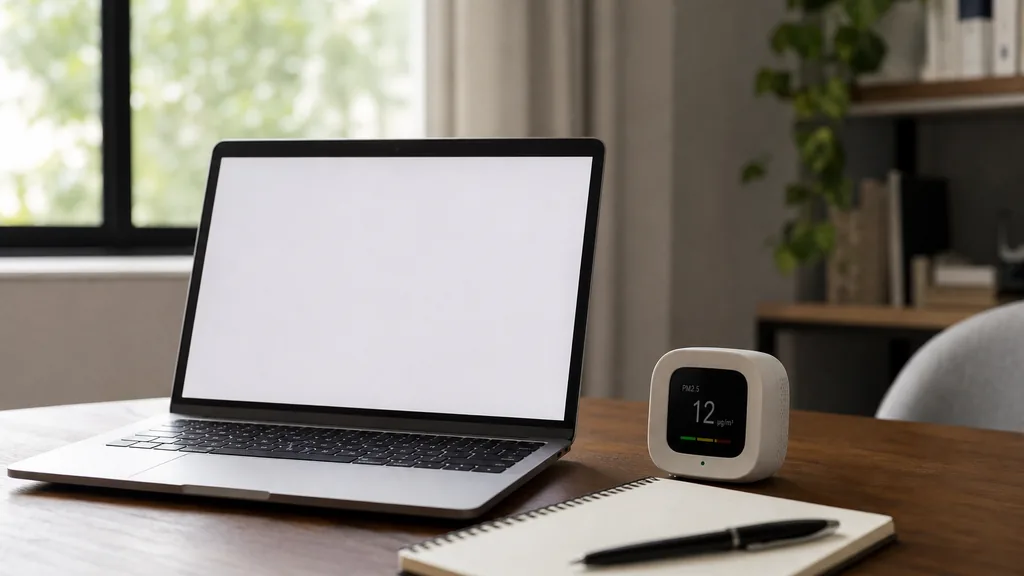 Editorial photograph of an open laptop with a blank screen and a notebook on a wooden desk beside a small air quality meter in soft daylight, with no people, text or signage
