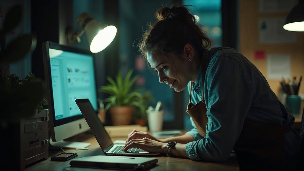 A small-business owner in an apron leaning over a laptop on a cluttered back-office desk late in the day, photographed in Glasgow