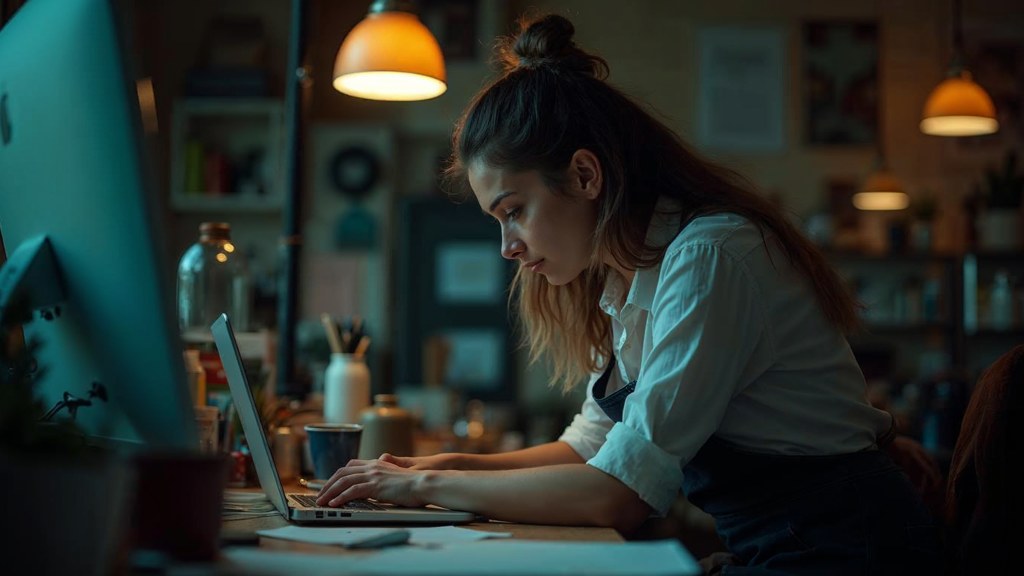 A small-business owner in an apron leaning over a laptop on a cluttered back-office desk late in the day, photographed in Glasgow