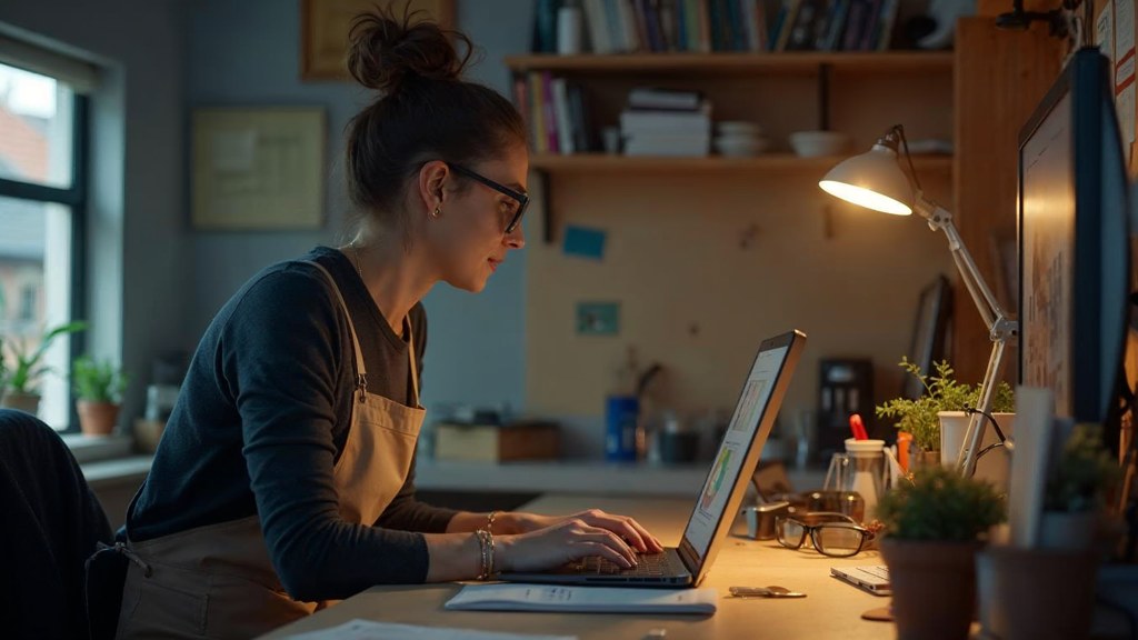 A small-business owner in an apron leaning over a laptop on a cluttered back-office desk late in the day, photographed in Glasgow