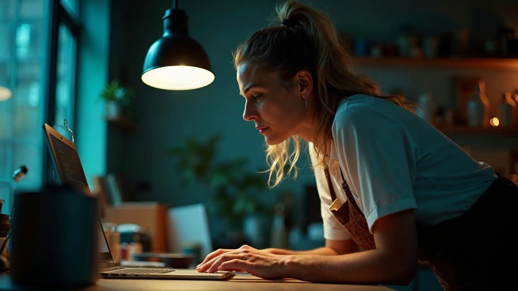 A small-business owner in an apron leaning over a laptop on a cluttered back-office desk late in the day, photographed in Glasgow