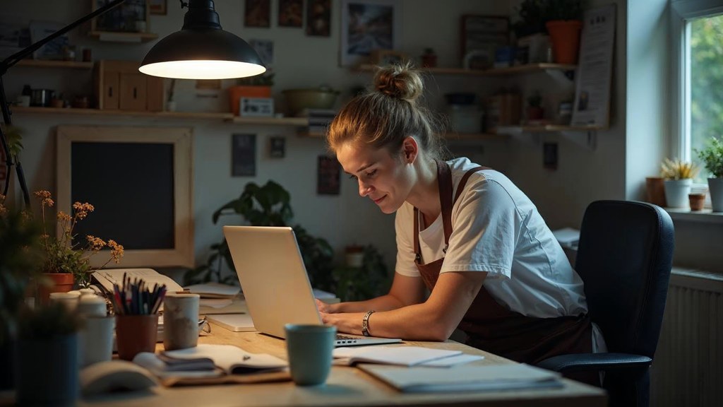 A small-business owner in an apron leaning over a laptop on a cluttered back-office desk late in the day, photographed in Glasgow