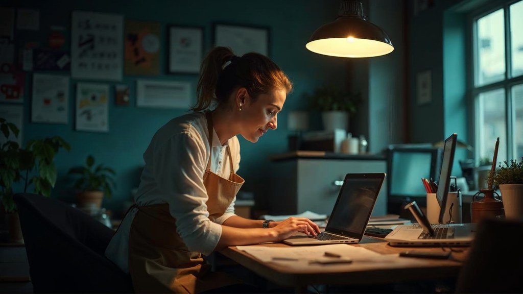 A small-business owner in an apron leaning over a laptop on a cluttered back-office desk late in the day, photographed in Glasgow