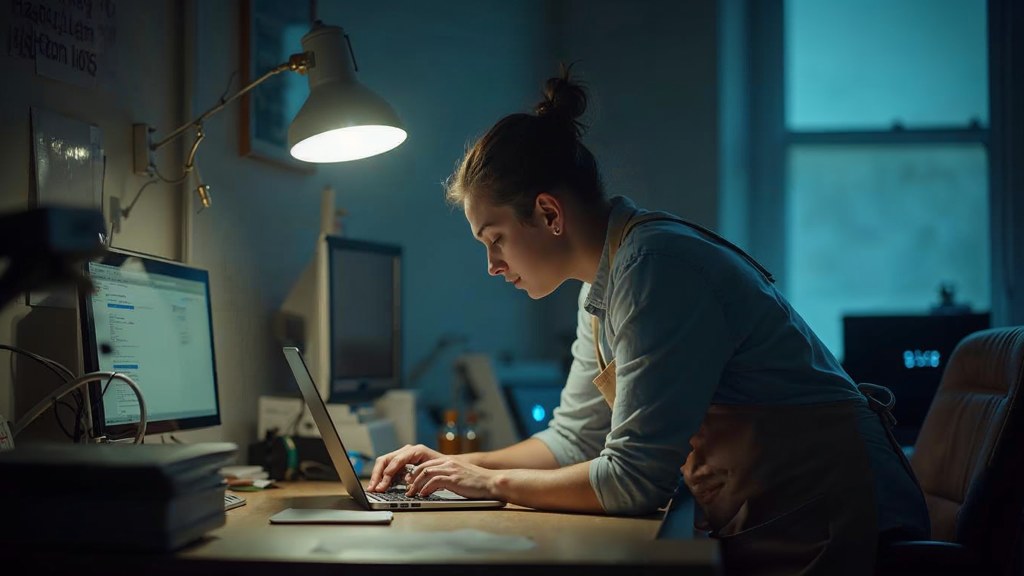 A small-business owner in an apron leaning over a laptop on a cluttered back-office desk late in the day, photographed in Glasgow