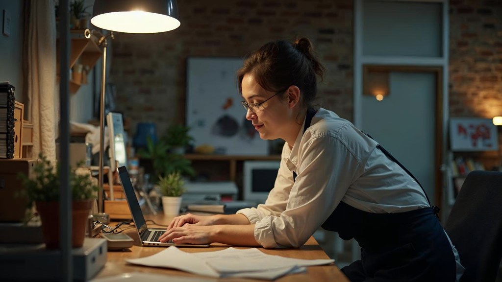 A small-business owner in an apron leaning over a laptop on a cluttered back-office desk late in the day, photographed in Glasgow