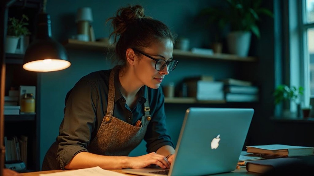 A small-business owner in an apron leaning over a laptop on a cluttered back-office desk late in the day, photographed in Glasgow