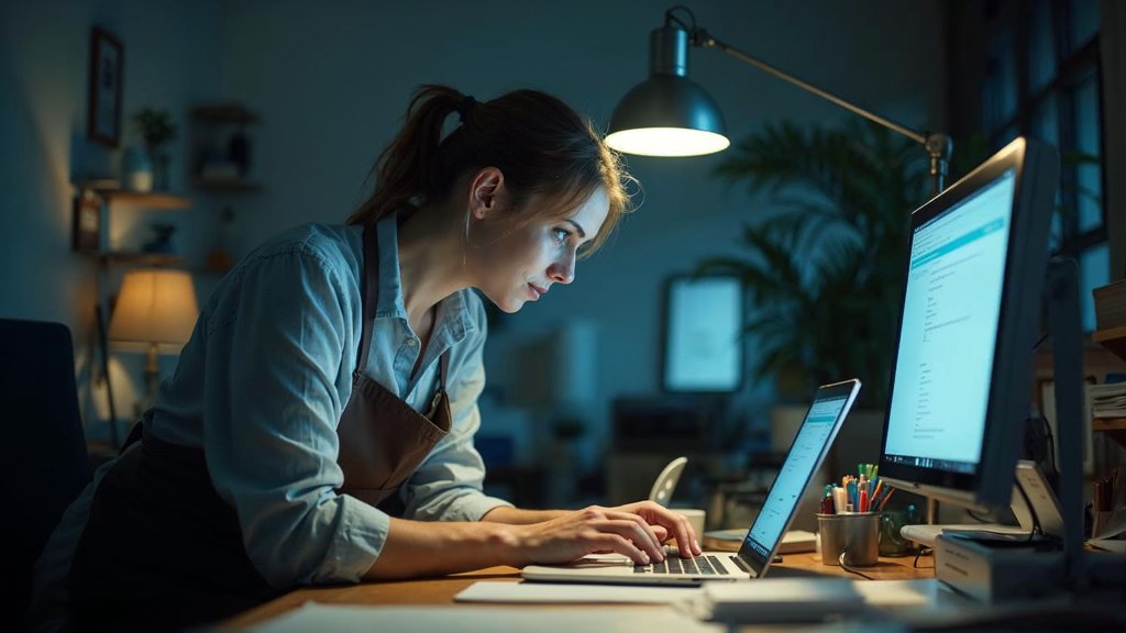 A small-business owner in an apron leaning over a laptop on a cluttered back-office desk late in the day, photographed in Glasgow