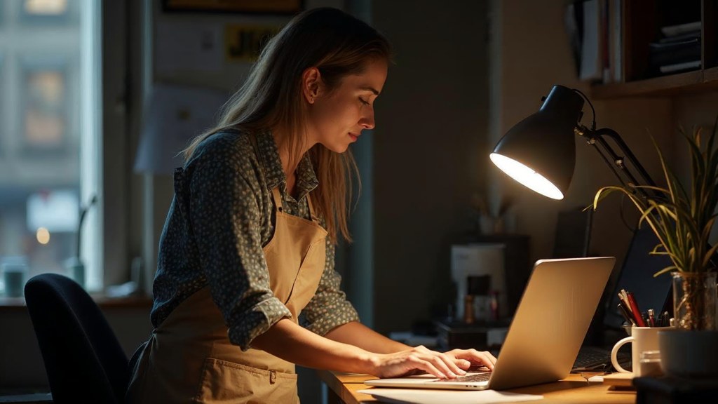 A small-business owner in an apron leaning over a laptop on a cluttered back-office desk late in the day, photographed in Glasgow