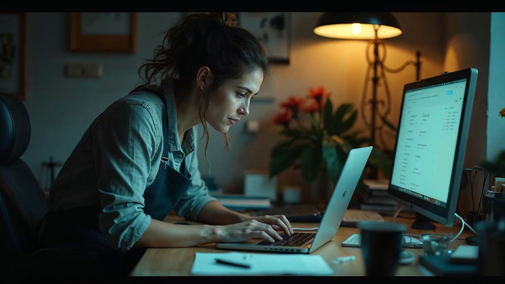 A small-business owner in an apron leaning over a laptop on a cluttered back-office desk late in the day, photographed in Glasgow