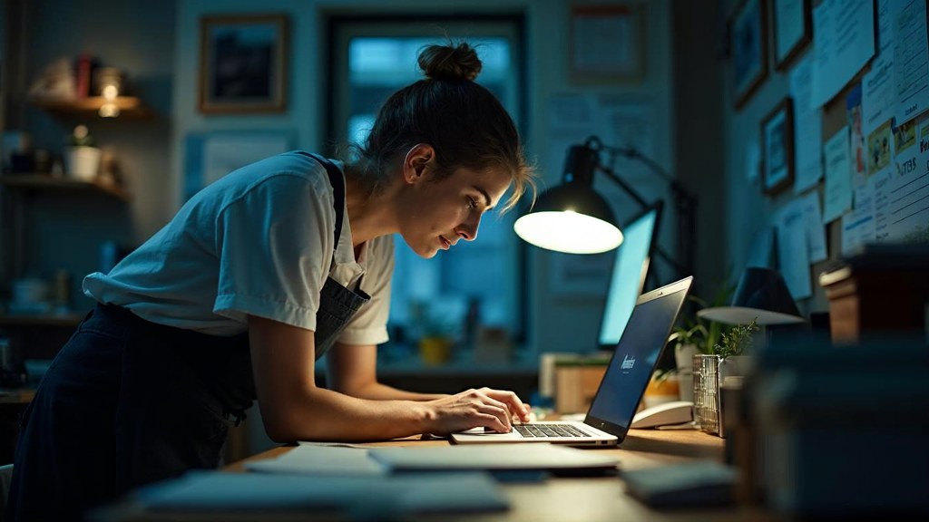 A small-business owner in an apron leaning over a laptop on a cluttered back-office desk late in the day, photographed in Glasgow