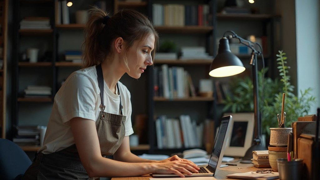 A small-business owner in an apron leaning over a laptop on a cluttered back-office desk late in the day, photographed in Glasgow