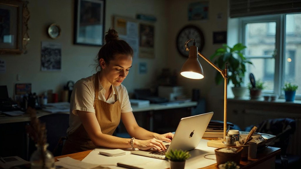 A small-business owner in an apron leaning over a laptop on a cluttered back-office desk late in the day, photographed in Glasgow