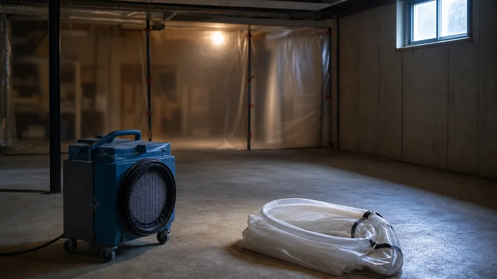 Editorial photograph of an empty residential basement after remediation at dusk, with a commercial air scrubber and a coiled containment sheet on a clean concrete floor, no people, text or signage