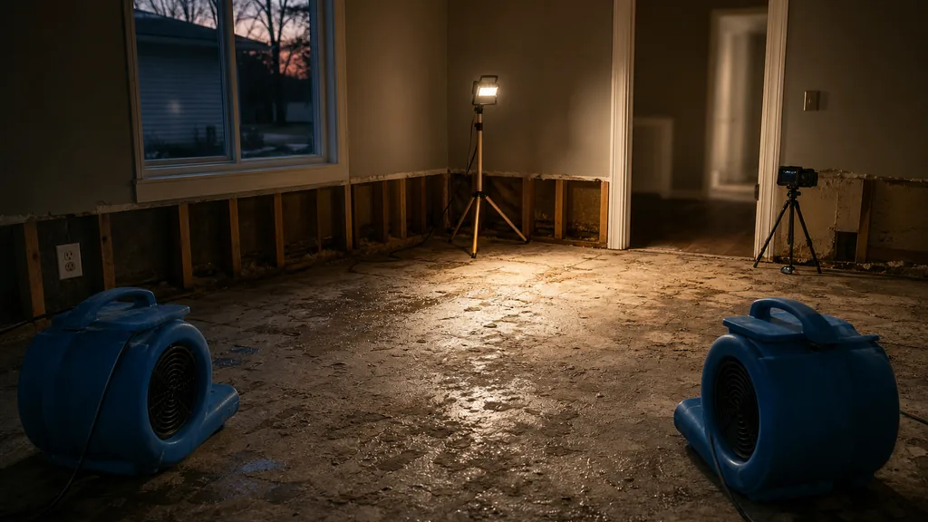Editorial photograph of an empty water-damaged living room at dusk with two air movers facing a stripped floor and a small camera on a tripod in the corner, no people, text or signage