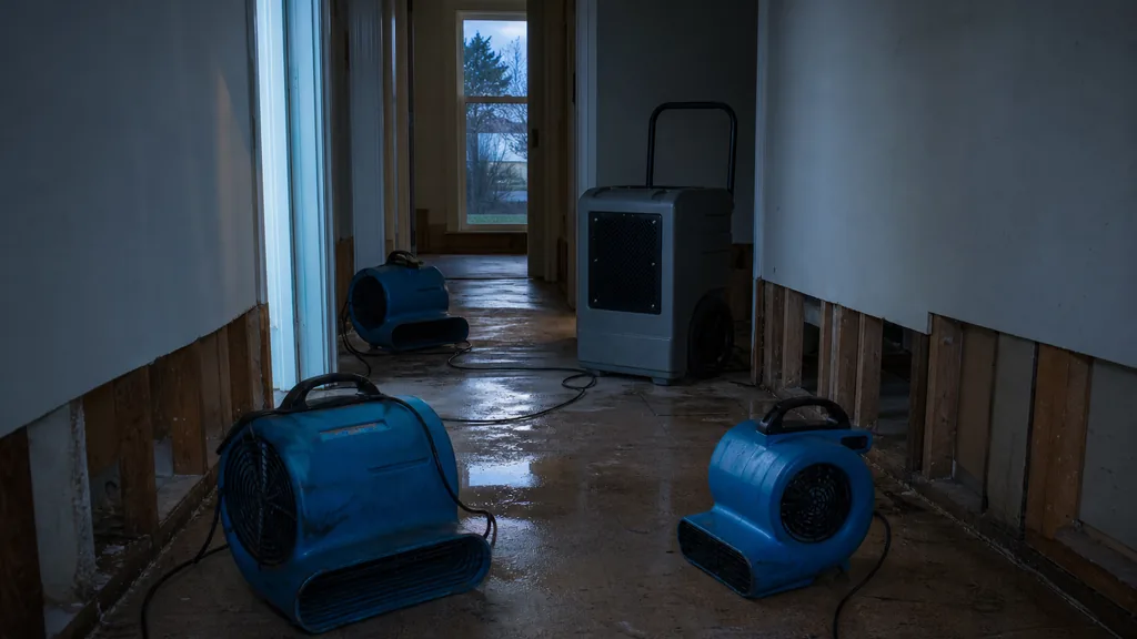 Editorial photograph of an empty flooded residential hallway after water extraction at dusk, with three air movers and a dehumidifier running on a stripped subfloor and baseboards removed, no people, text or signage