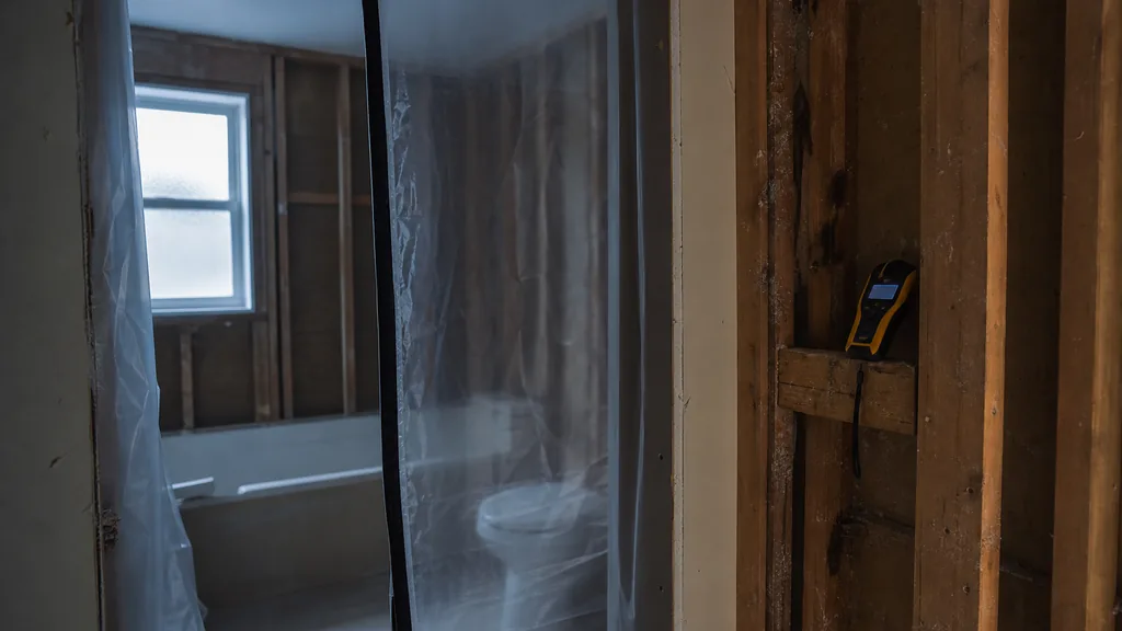 Editorial photograph of an empty residential bathroom under mold remediation with a plastic containment barrier zipped across the doorway and a moisture meter resting on a stripped wall stud, no people, text or signage
