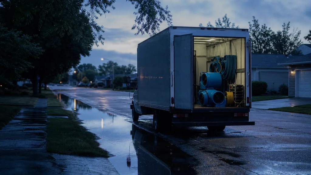 Editorial photograph of an empty suburban street at dusk after heavy rain with standing water along the kerb and an unbranded restoration box van parked with rear doors open showing coiled hoses and air movers, no people, text or signage