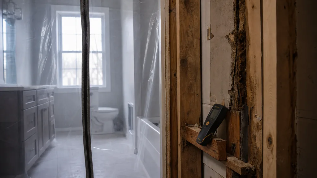 Editorial photograph of an empty residential bathroom under mold remediation with a plastic containment barrier zipped across the doorway and a moisture meter resting on a stripped wall stud, no people, text or signage