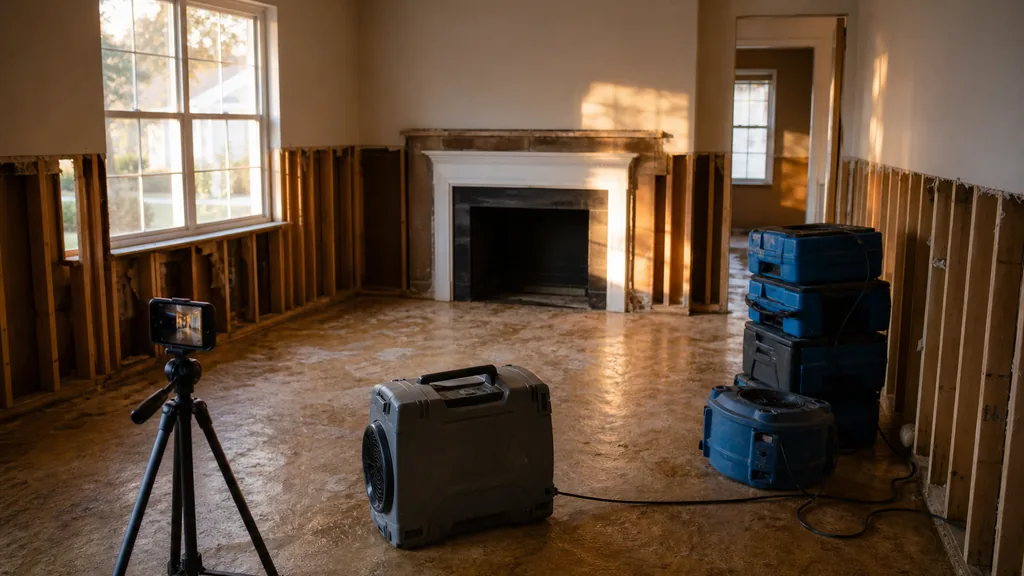 Editorial photograph of an empty living room after storm damage with drywall cut back to the studs, an air scrubber and stacked drying equipment beside a tripod holding a phone toward the room, no people, text or signage